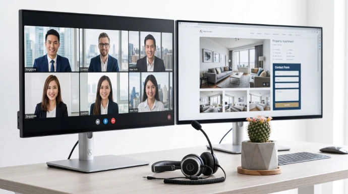 Generate a photo of 2 large monitors on a desk in a Kiffcom office. 
One monitor is showing a video call going on. The other monitor is showing a website of a real estate property.
Kiffcom is an international digital transformation agency. 
A little blooming cactus in a pot.
A headset with a microphone for professional video call.
Hyper-realistic, highly detailed, professional corporate, 85mm lens photograph. White #fff background.
No text. No legend. Minimalist. Ultra Simple.