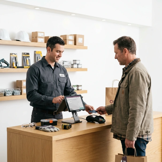 construction accessories retail shop using an Odoo POS to charge its customers.
Hyper-realistic, highly detailed, professional corporate, 85mm lens photograph. White #fff background.
No text. No legend. Minimalist. Ultra Simple.