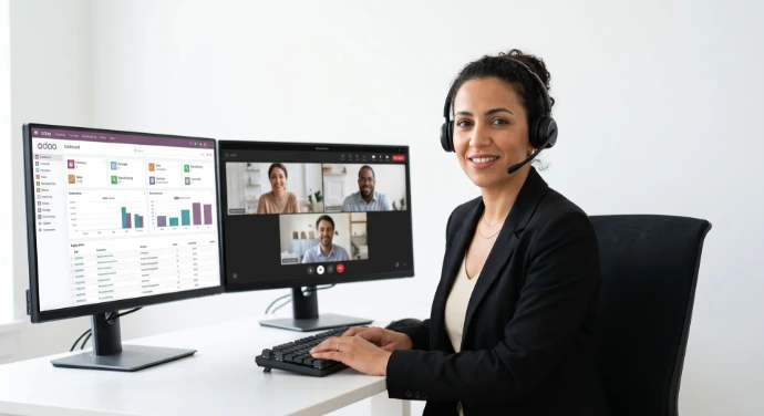 Tunisian woman, specialist in supply chain with Odoo 19, in front of her computer. The computer has 2 large monitors.
The specialist is confident, focus with a slight smile. He is having a video call with customers. He is wearing headset.
Hyper-realistic, highly detailed, professional corporate, 85mm lens photograph. White #fff background.
No text. No legend. Minimalist. Ultra Simple.
Generate a photo.