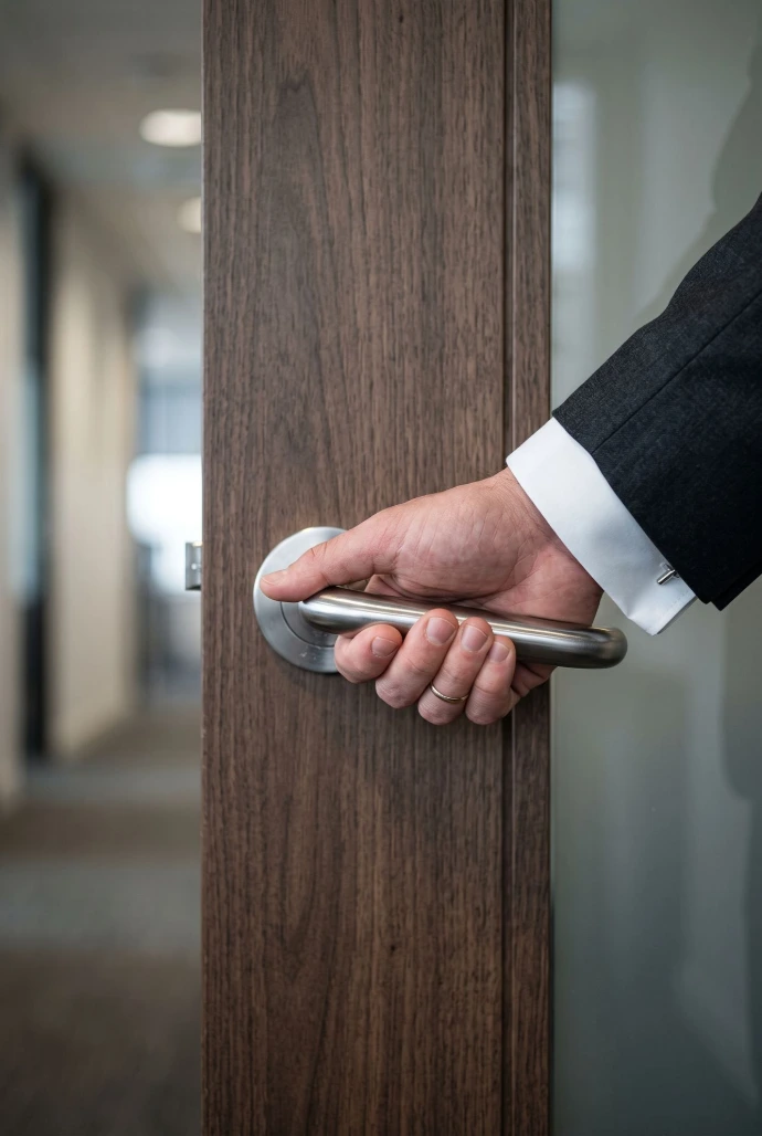 Door handle in hand.
Hyper-realistic, highly detailed, professional corporate, 85mm lens photograph. 
No text. No legend. Minimalist. Ultra Simple.
2:3
Generate a photo.