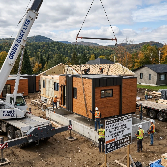 prefabricated houses being installed onsite, in quebec. Hyper-realistic, highly detailed, professional corporate, 85mm lens photograph.
Use canadian french.