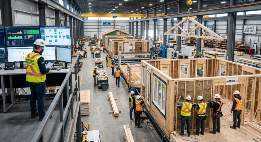 Prebuilt houses factory. Houses are built in their line of production. Technicians are assembling parts.  A remote chain and supply lead is monitoring.
Hyper-realistic, highly detailed, professional corporate, 85mm lens photograph.
Use canadian french.