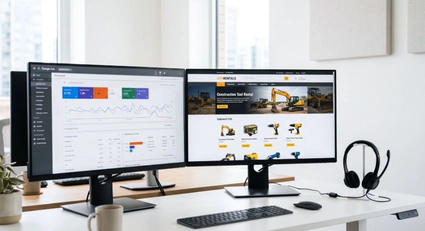 2 large monitors. Google Ads dashboard on a monitor. Construction tools Rental website on the other one. headset with microphone for video call.
Hyper-realistic, highly detailed, professional corporate, 85mm lens photograph. White #fff background.
No text. No legend. Minimalist. Ultra Simple.
Generate a photo.