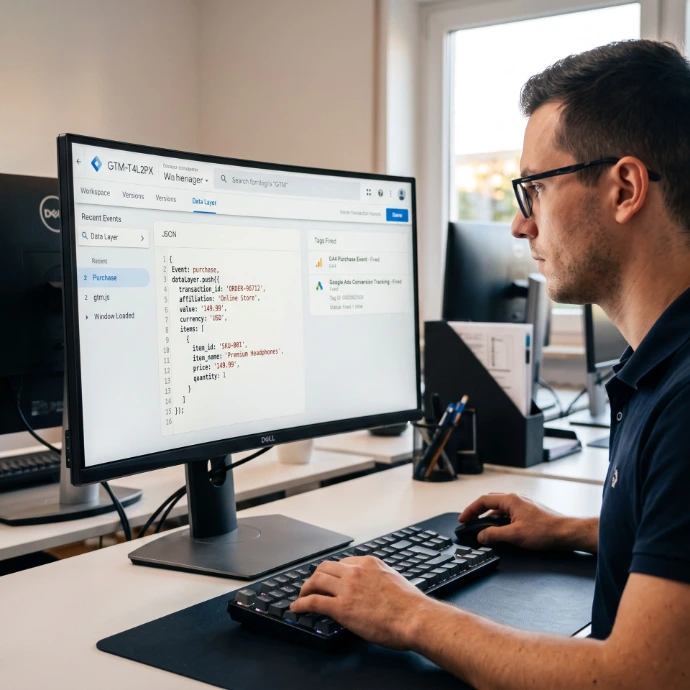 integrating Google Tag Manager on an ecommerce. 
Generate a professional shot capturing a Google Ads specialist processing. Zoom on the monitor.