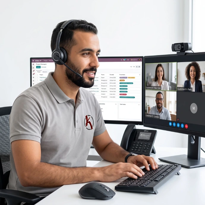 Tunisian, specialist in Odoo 19, in front of his computer. The computer has 2 large monitors. Working at the Kiffcom agency office.
The specialist is confident, focus with a slight smile. He is having a video call with customers. He is wearing headset.
Hyper-realistic, highly detailed, professional corporate, 85mm lens photograph. White #fff background.
No text. No legend. Minimalist. Ultra Simple.
Generate a photo.