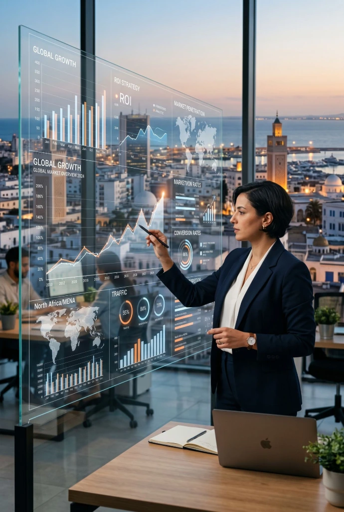 Strategic Leadership: A professional digital marketing strategist in a modern office in Tunis, overlooking the city skyline, analyzing complex global growth charts and ROI data on a large transparent glass screen, cinematic lighting, corporate-tech aesthetic.
2:3
