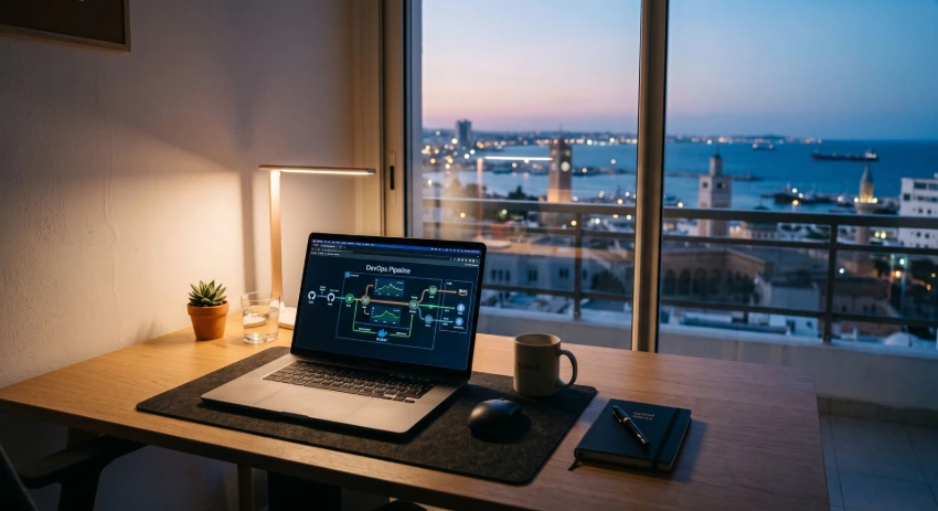 A professional, minimalist workspace in Tunis with a laptop showing a complex CI/CD pipeline visual, overlooking a soft-focus Mediterranean skyline at dusk.