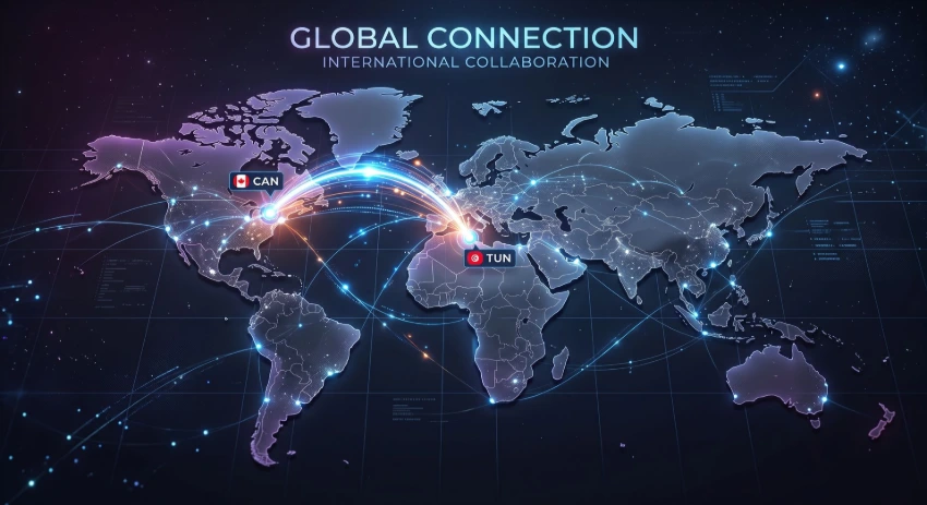Global Connection: A conceptual digital illustration showing a glowing network of nodes connecting a point in Tunisia to a point in Canada over a stylized, minimalist world map, symbolizing international collaboration.