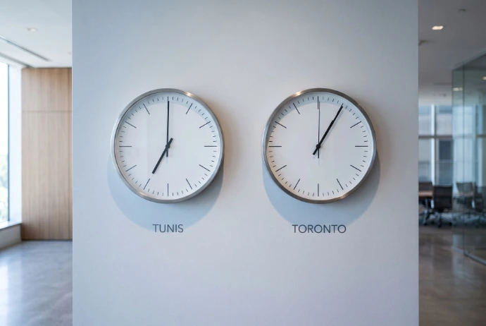 Dual Timezone: A sleek, minimalist wall with two elegant analog clocks, one labeled "Tunis" and the other "Toronto," reflecting a clean, corporate aesthetic with soft blue shadows.

3:2