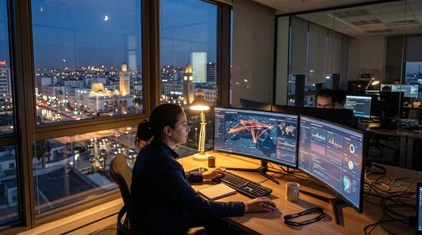 Office Setting: A professional, modern workspace in Tunis at dusk, with warm desk lighting and multiple monitors displaying glowing cyber threat maps and network analytics, looking through a window at the Tunis city lights.