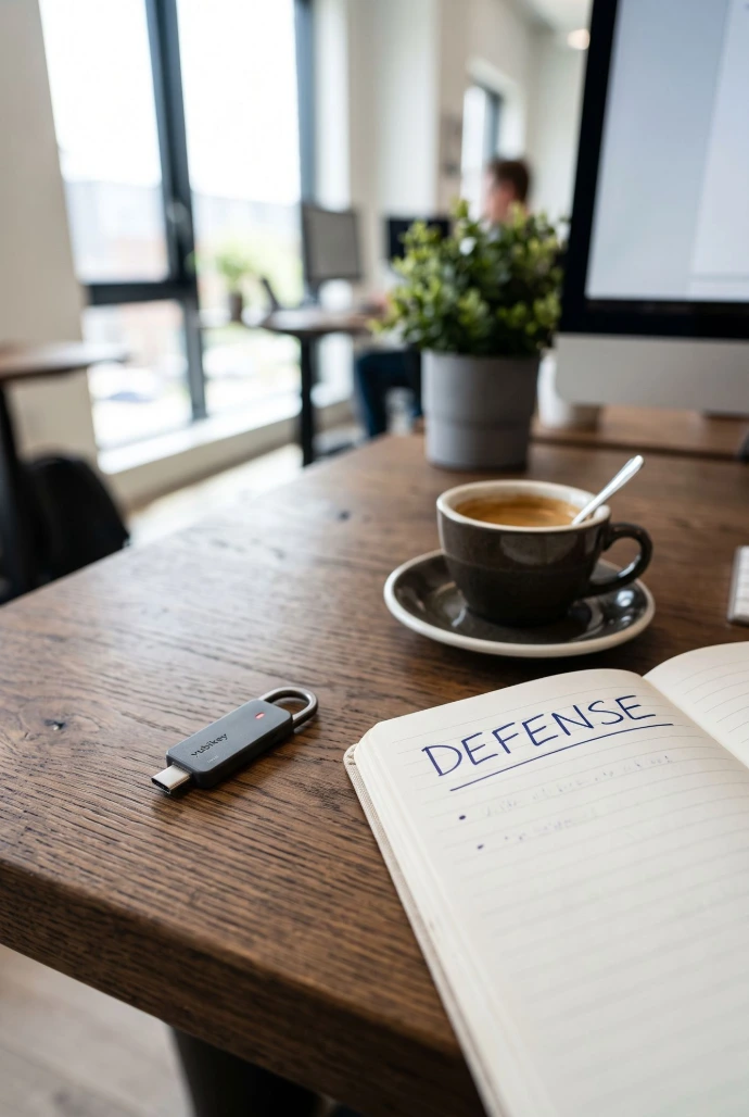 The Strategist: A high-quality close-up of a wooden desk featuring a hardware security key, a clean notebook with the word "DEFENSE" written on it, and a cup of espresso, in a bright, professional atmosphere.
2:3
