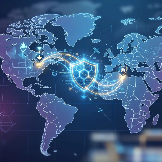 Global Connection: A conceptual digital illustration showing a glowing shield network connecting a point in Tunisia to a point in Canada over a stylized, minimalist world map, symbolizing international security collaboration.