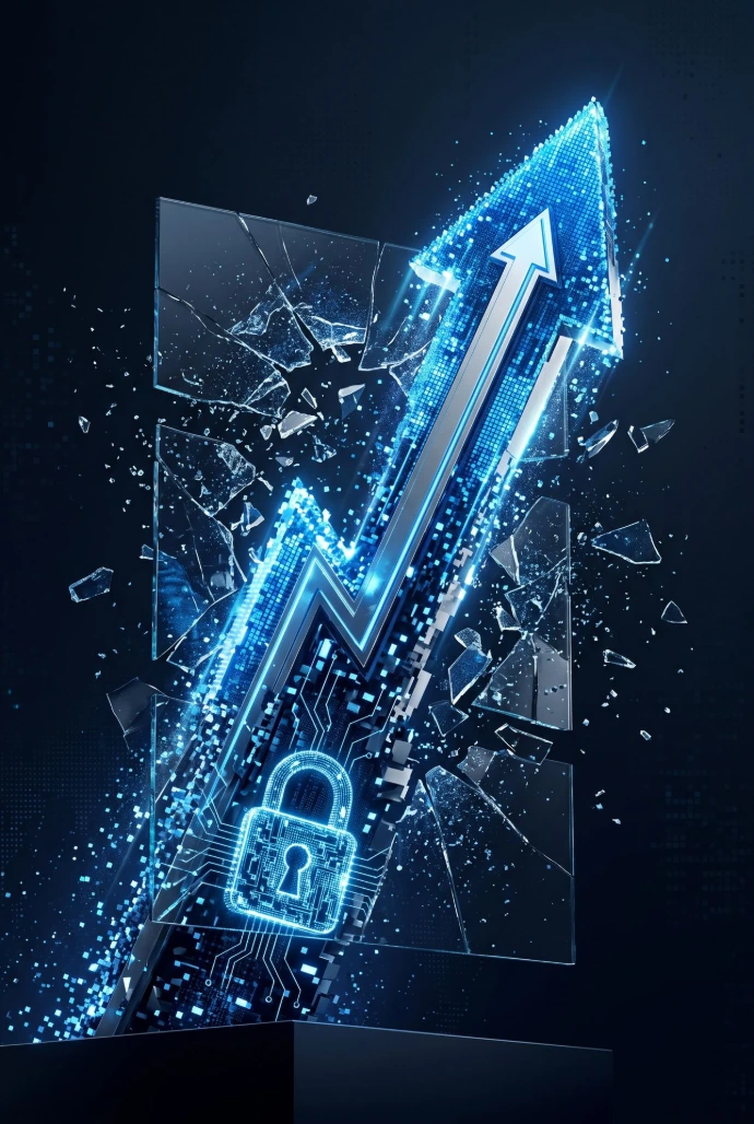 Growth Visualization: An abstract 3D render of a soaring upward arrow integrated with a digital lock mechanism made of glowing pixels, breaking through glass layers, representing high resilience and robust security growth in a dark blue and silver color palette.
No text. Minimalist.
2:3