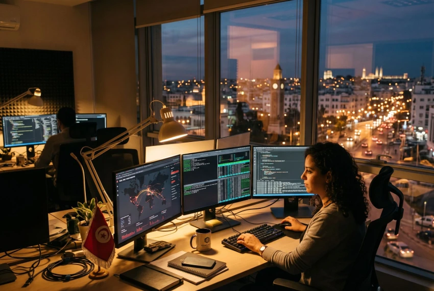 Office Setting: A professional, modern workspace in Tunis at dusk, with warm desk lighting and multiple monitors displaying glowing Linux terminals, htop stats, and cyber threat maps, looking through a window at the Tunis city lights.

3:2