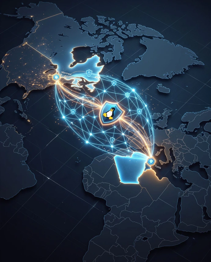Global Connection: A conceptual digital illustration showing a glowing shield network connecting Tunisia to Canada over a stylized, minimalist world map, with a small Tux penguin logo integrated subtly on the defensive shield. No text