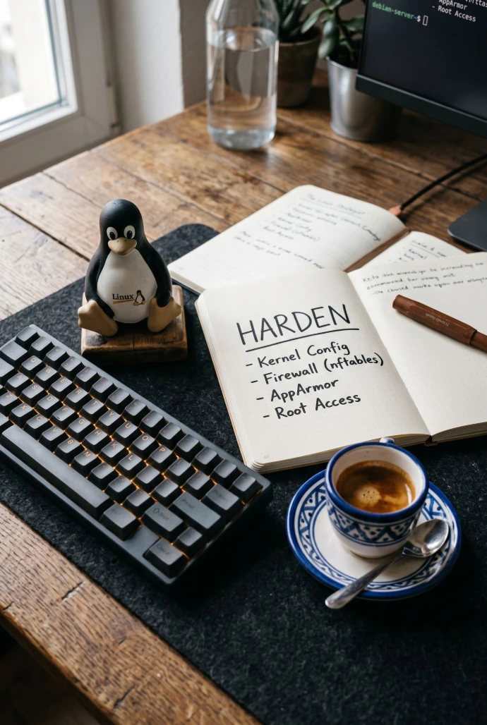 The Linux Strategist: A high-quality close-up of a wooden desk featuring a clean notebook with the word "HARDEN" written on it, a glowing keyboard next to a Tux figurine, and a cup of Tunisian espresso.

2:3