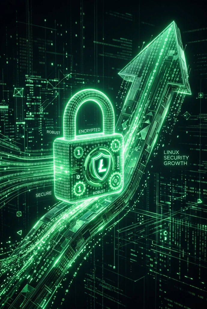 Security Growth: An abstract 3D render of an upward soaring arrow integrated with a digital lock mechanism made of glowing green binary code, representing high resilience and robust Linux security growth.

2:3
