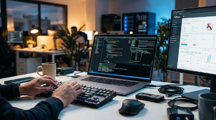 Glowing mechanical keyboard next to a high-end laptop displaying colorful lines of code and network administration interface