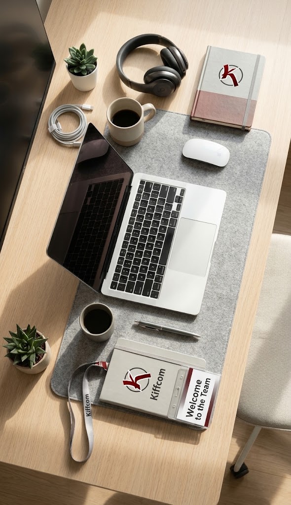Stylish office desk setup ready for a new employee. A modern laptop, wireless mouse, high-end headphones, a coffee mug, a customized welcome notebook, and a tech badge