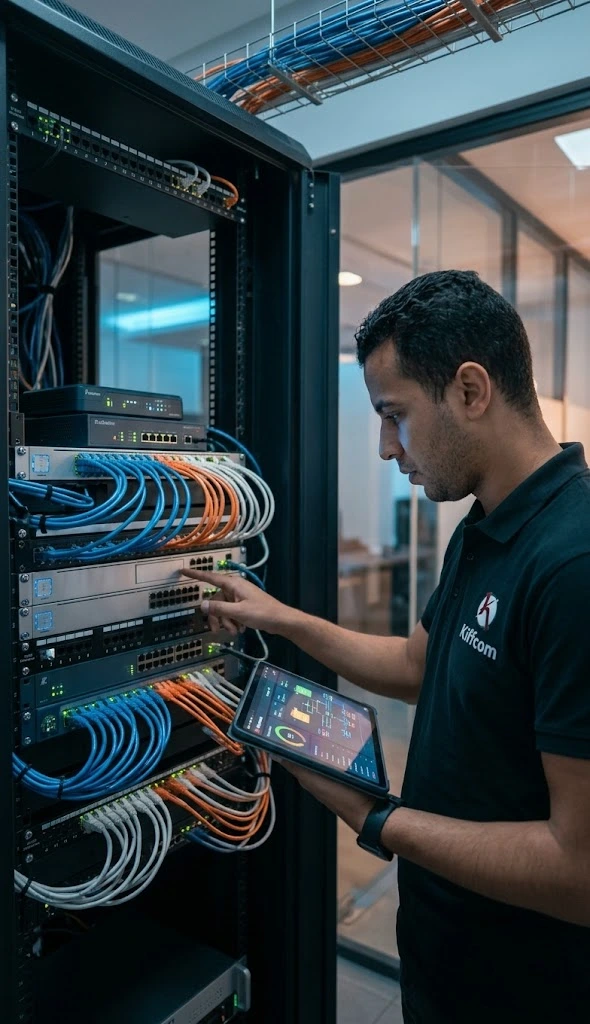 Technician holds a tablet showing network diagnostics diagrams