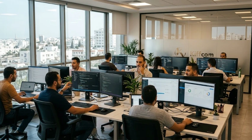 Full stack developers in Kiffcom office with Tunis skyline